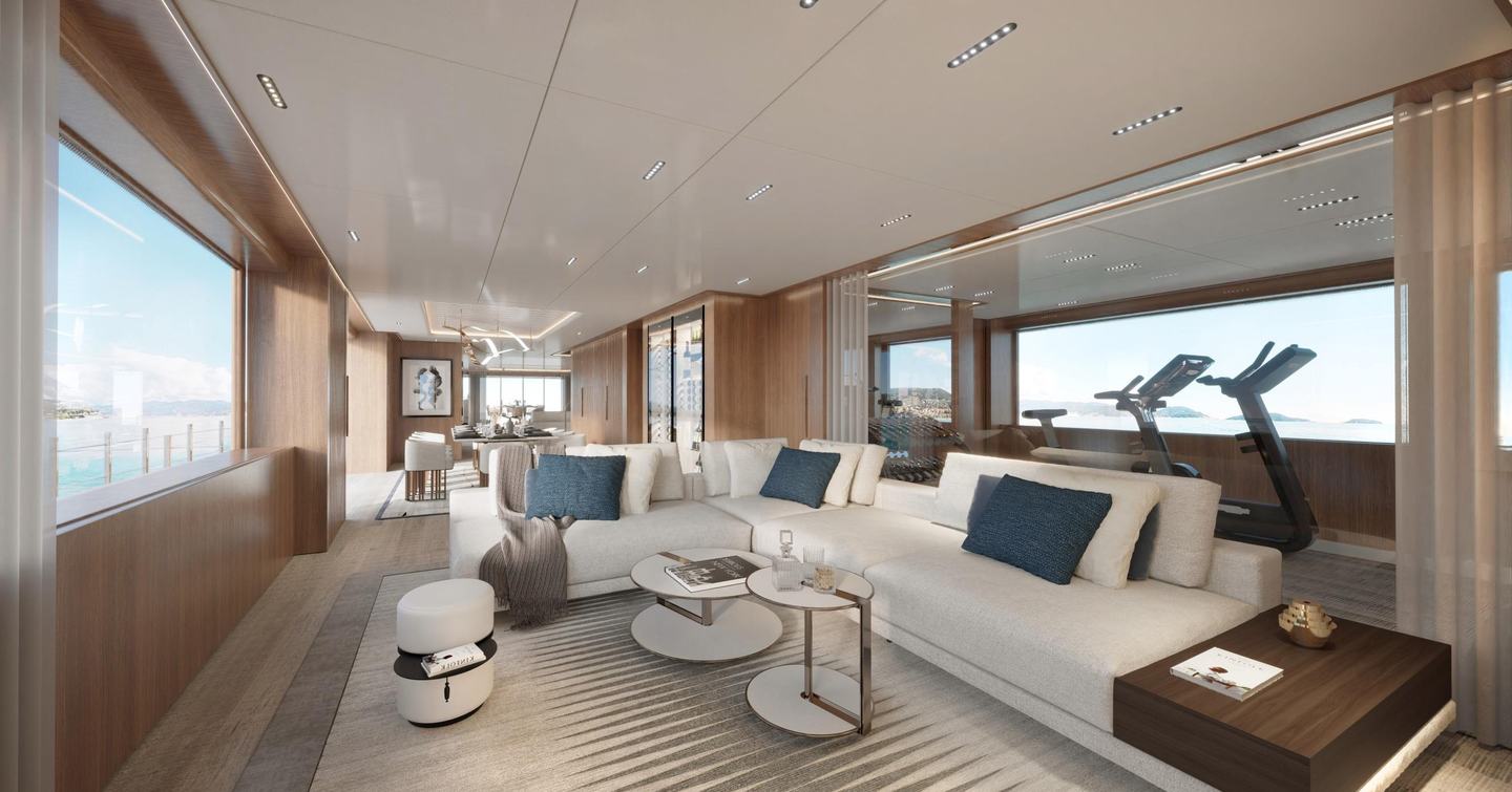 Rendering of the Benetti B.Now 50M Evo superyacht aft lounge and enclosed gym