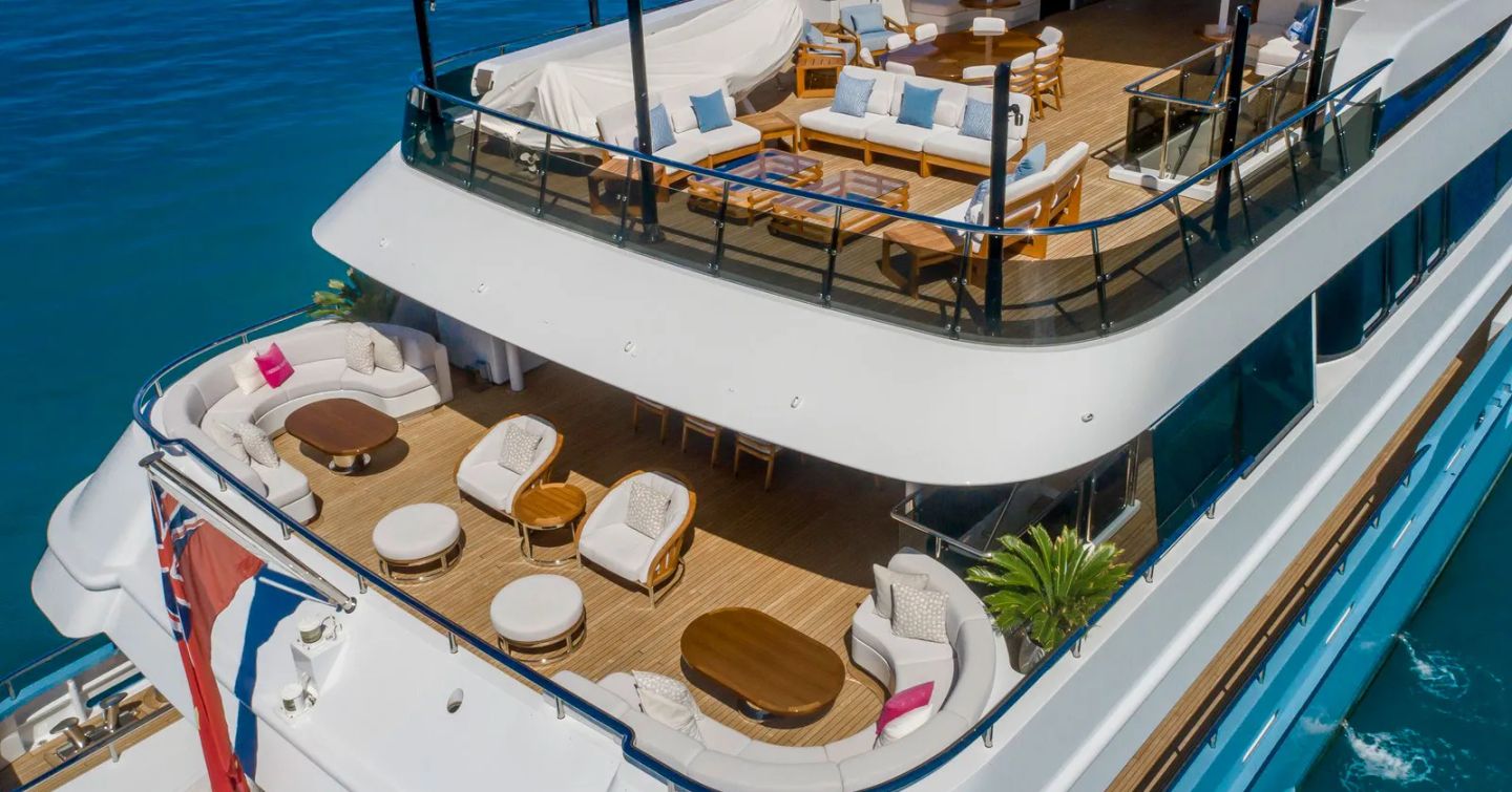 Aerial view of Abeking & Rasmussen Superyacht Scott Free aft decks 