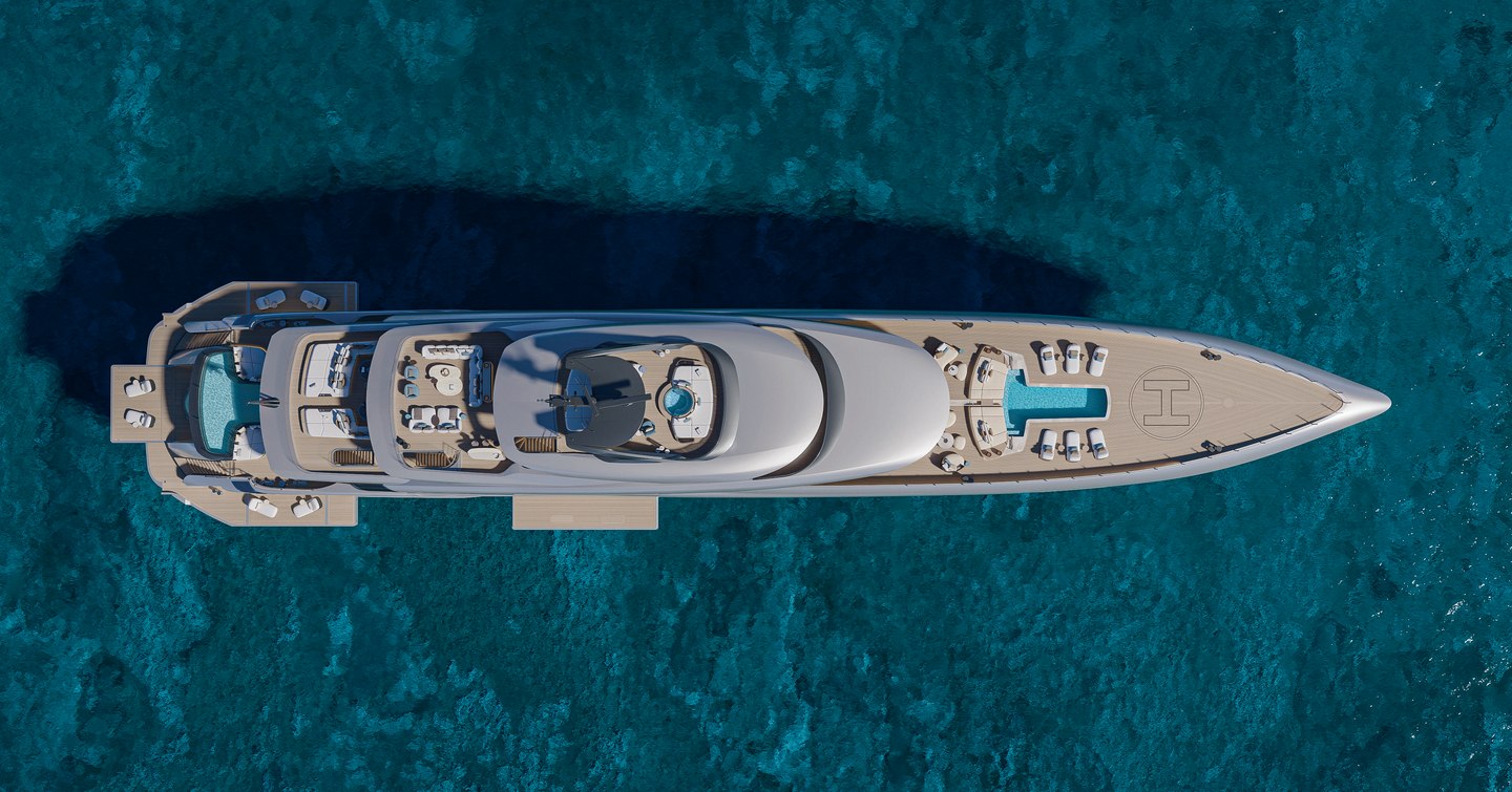 Aerial Rendering of ISA Poseidon 86M superyacht at anchor 