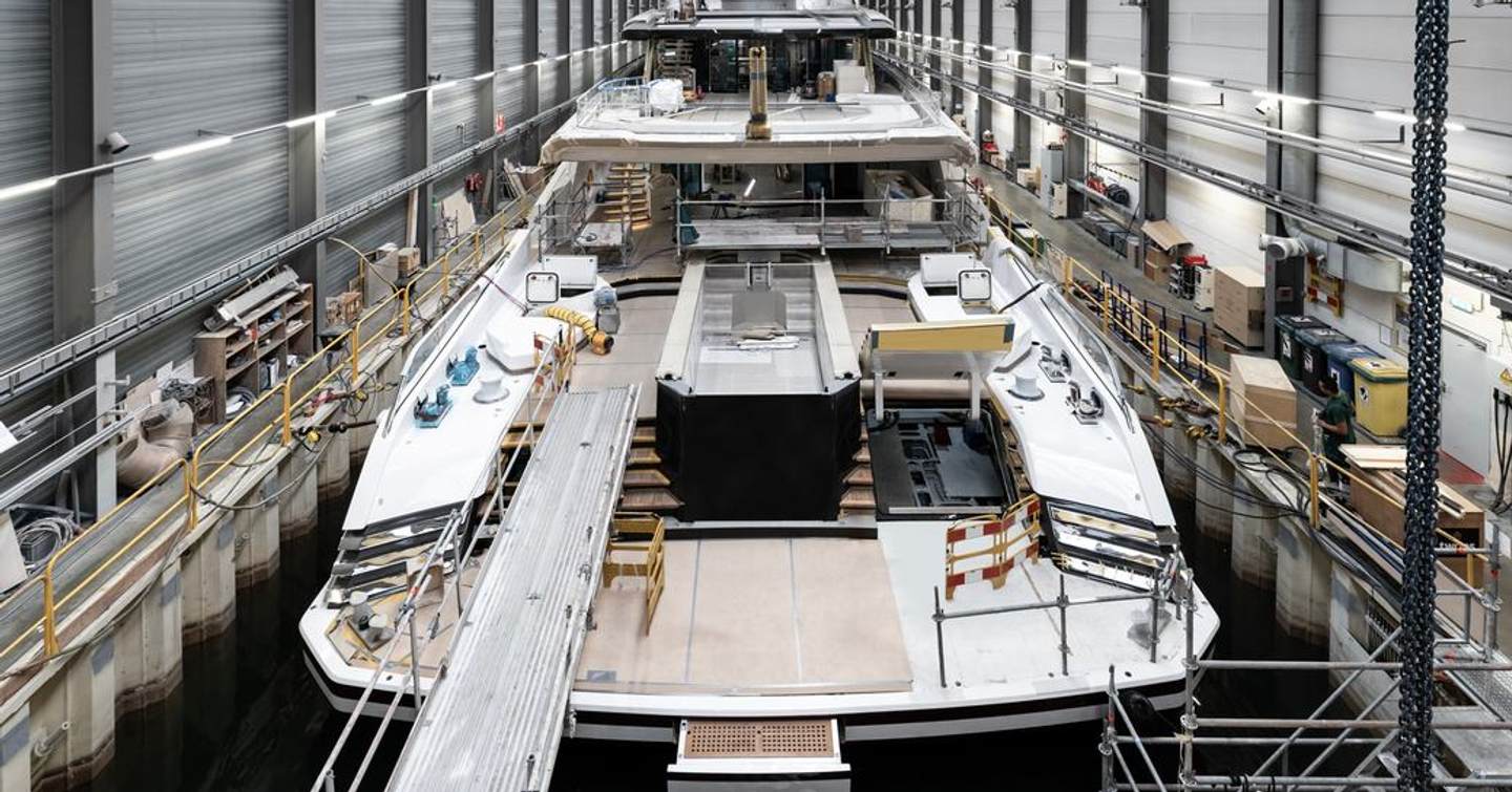 Aft view of Heesen superyacht SPARTA in the construction shed.