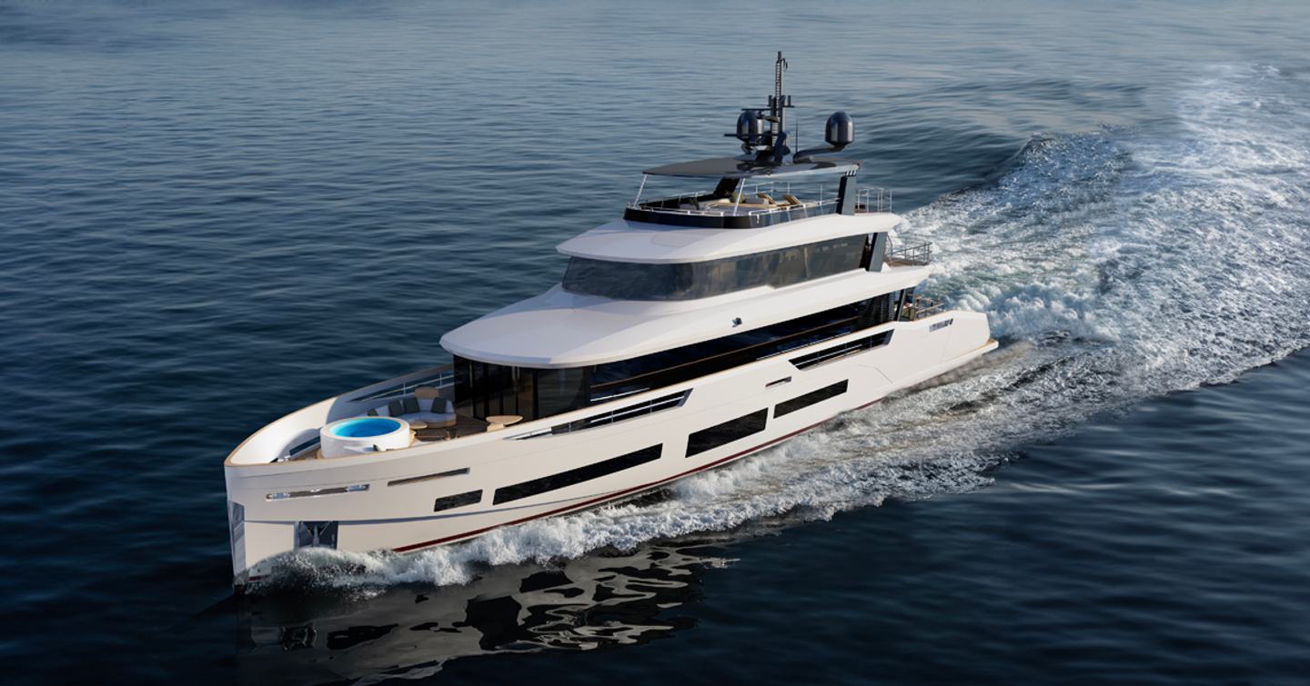 A render of the Sirena 118 cutting through a dark blue sea, showing off its port-side