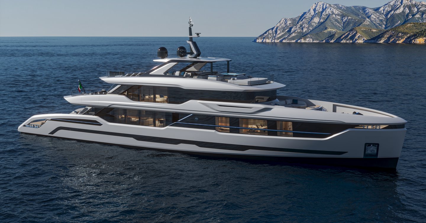 Rendering of Baglietto DOM155 Superyacht at anchor 