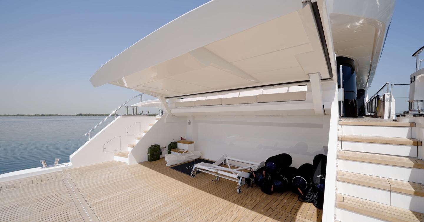 Tender garage beneath the cockpit on the Gulf Craft Majesty 100 Terrace