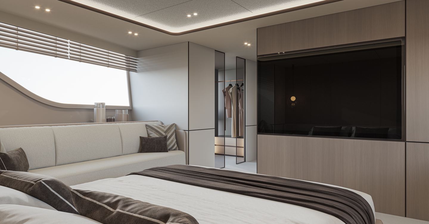 Rendering of Extra X110 Fast motor yacht master cabin with integrated TV