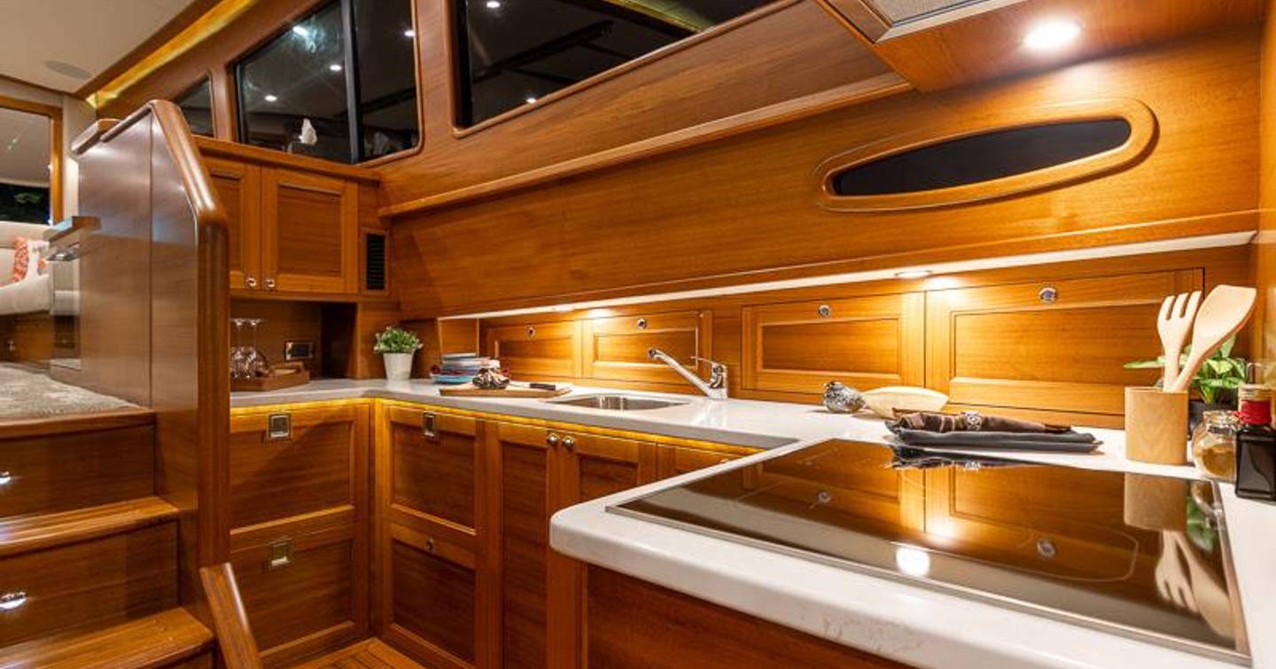 The rich interior of a Grand Banks luxury yacht