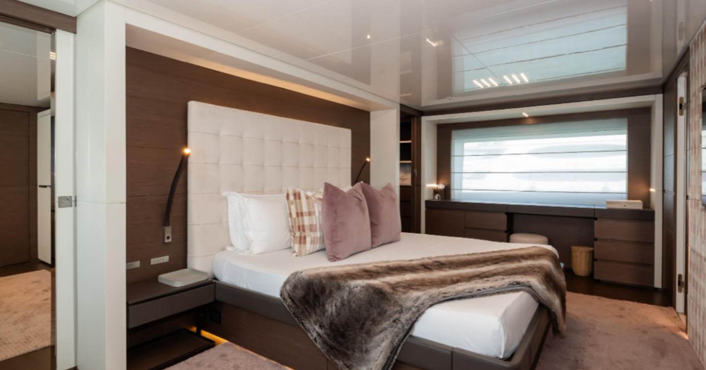 Custom Line yacht Willpower master cabin with large window 