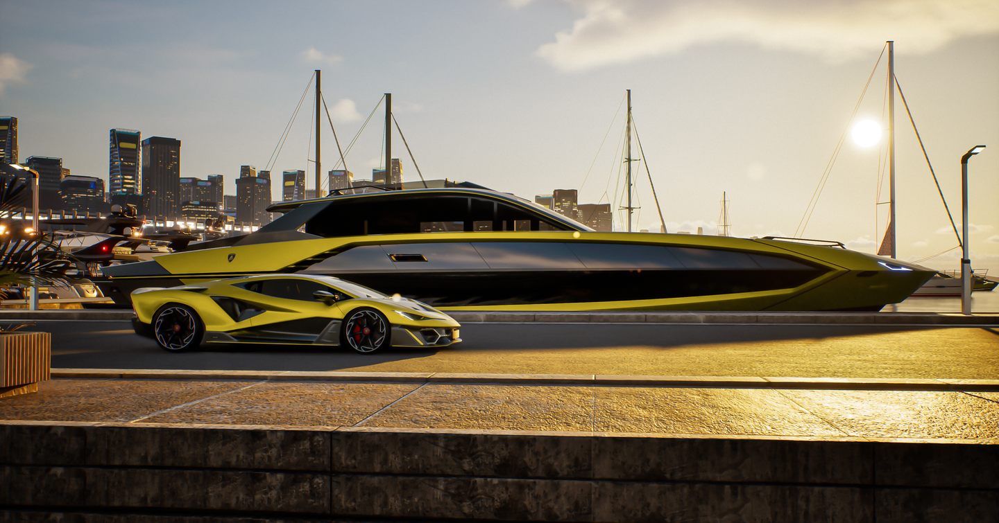 Rendering of Tecnomar Lamborghini 101 moored next to Lamborghini car