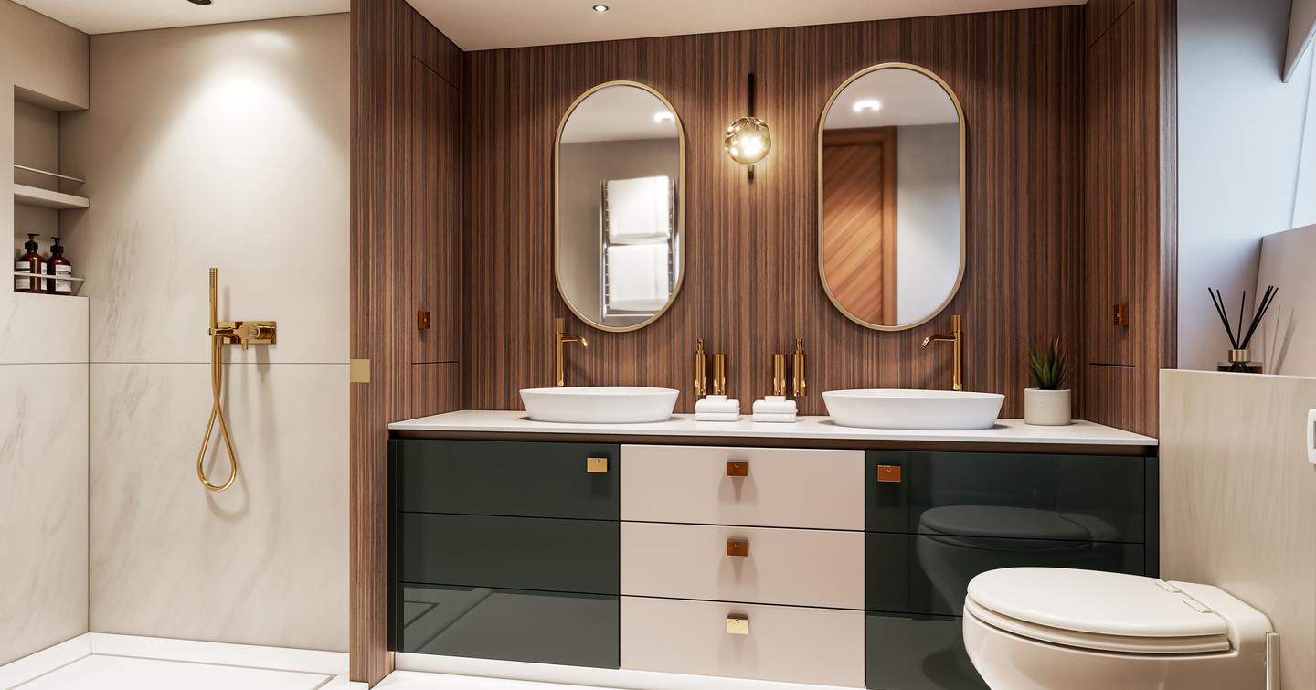 Rendering of Sunseeker 74 Ocean motor yacht master cabin ensuite with his and her sinks