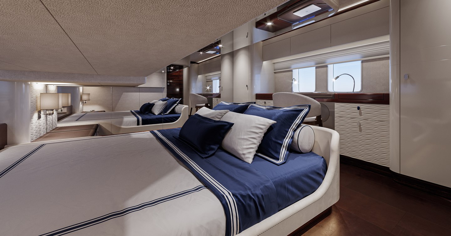 Cabin onboard Zeelander 5, with nautical themed bedding. Central berth facing port with window unit aft.