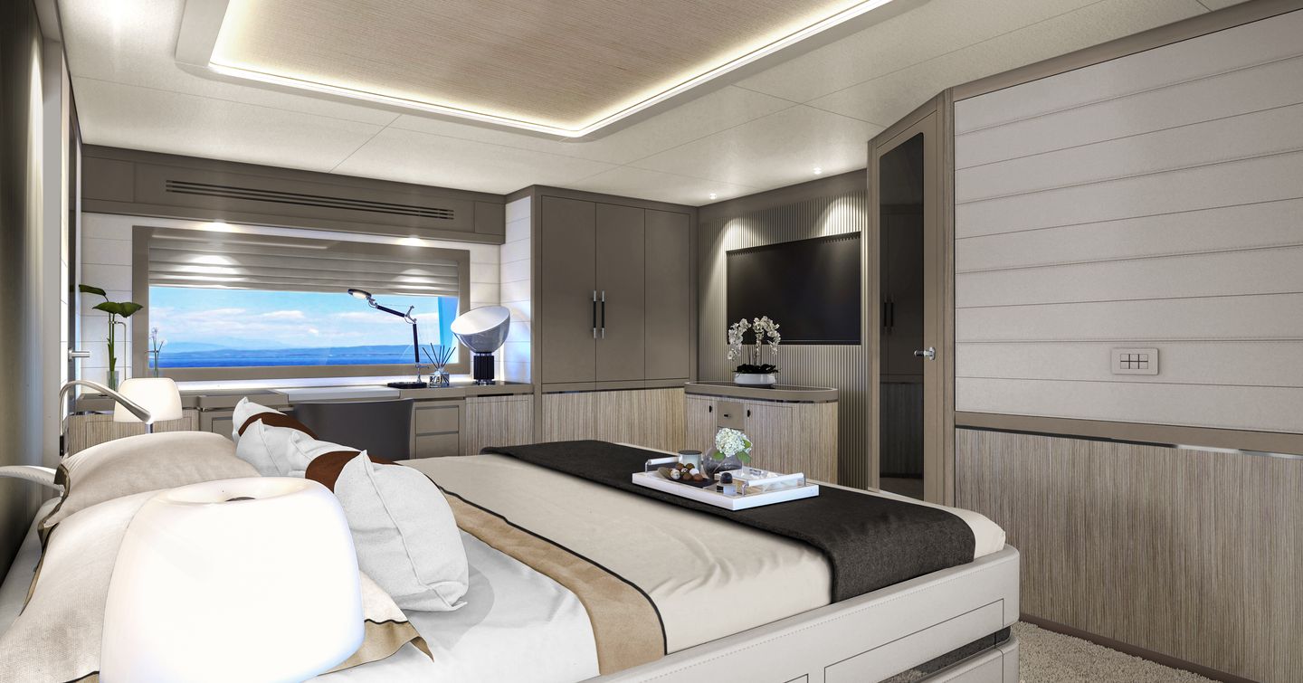 Master cabin onboard Sirena 78. Central berth faces flatscreen TV with a large window in background.