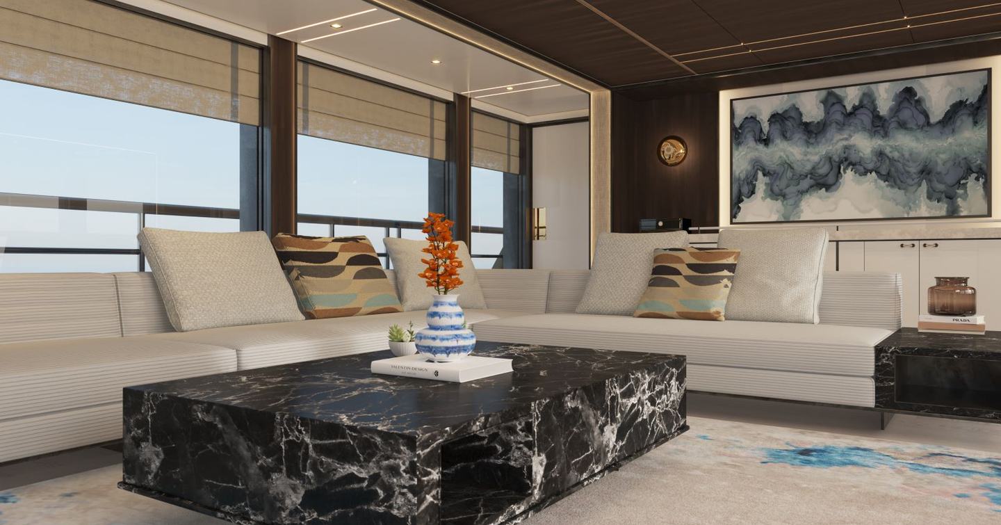 Rendering of Bering 165 Explorer Yacht saloon with L-shaped white sofa and marbled coffee table