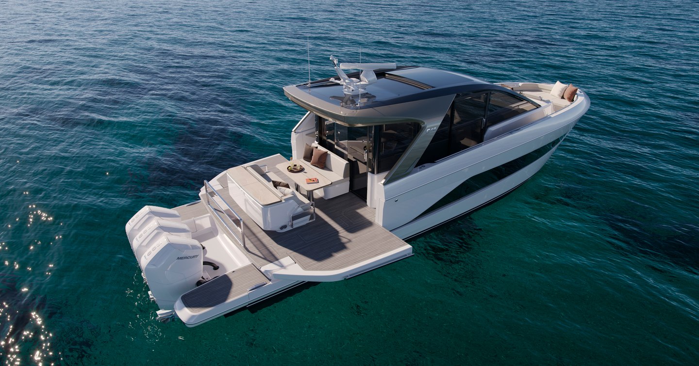 Rendering of Princess C48 motor yacht at anchor with fold out terraces 