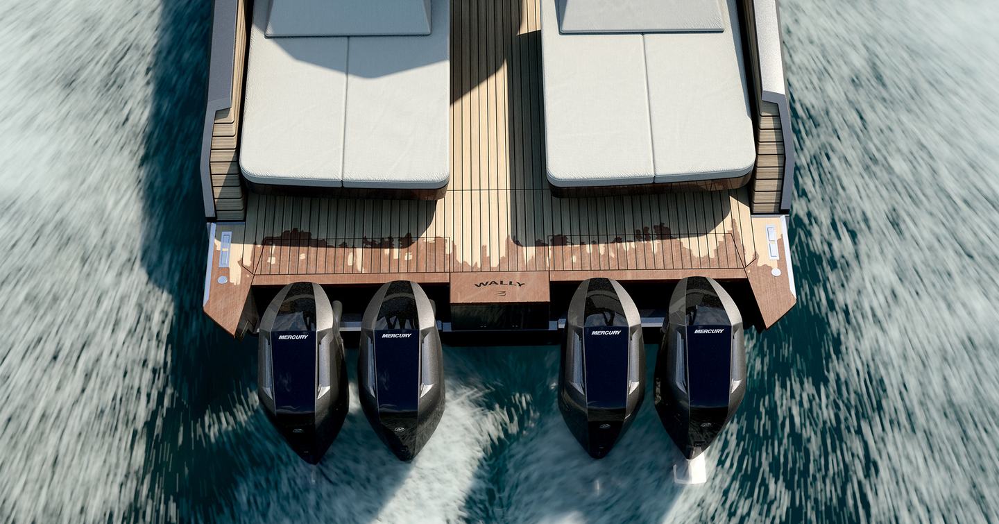 Aerial Rendering of Wally wallypower50X boat outboards while under way 