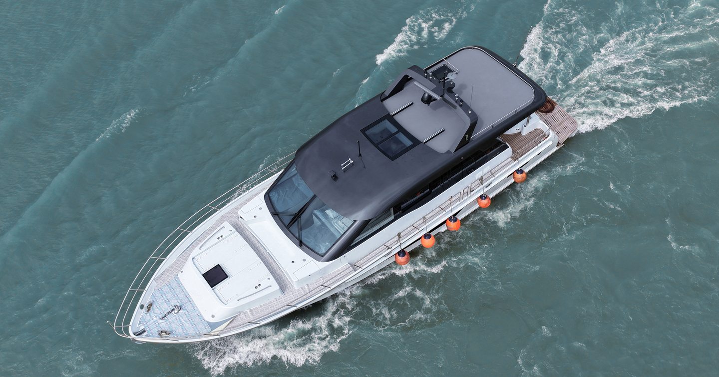 Aerial view of CL Yachts CLB65 SUV motor yacht under way on sea trials