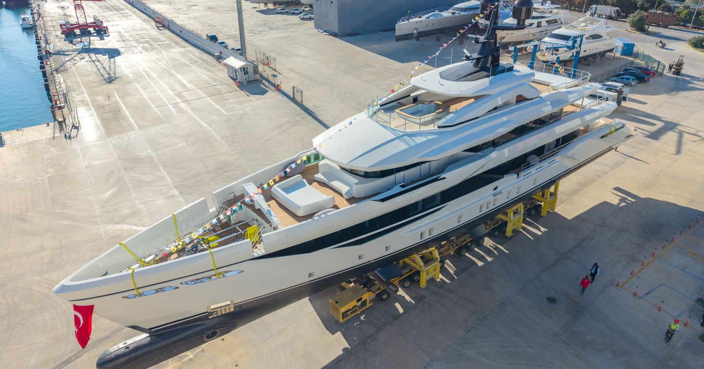 Bilgin 170 Superyacht Ada on trolley on way to launch
