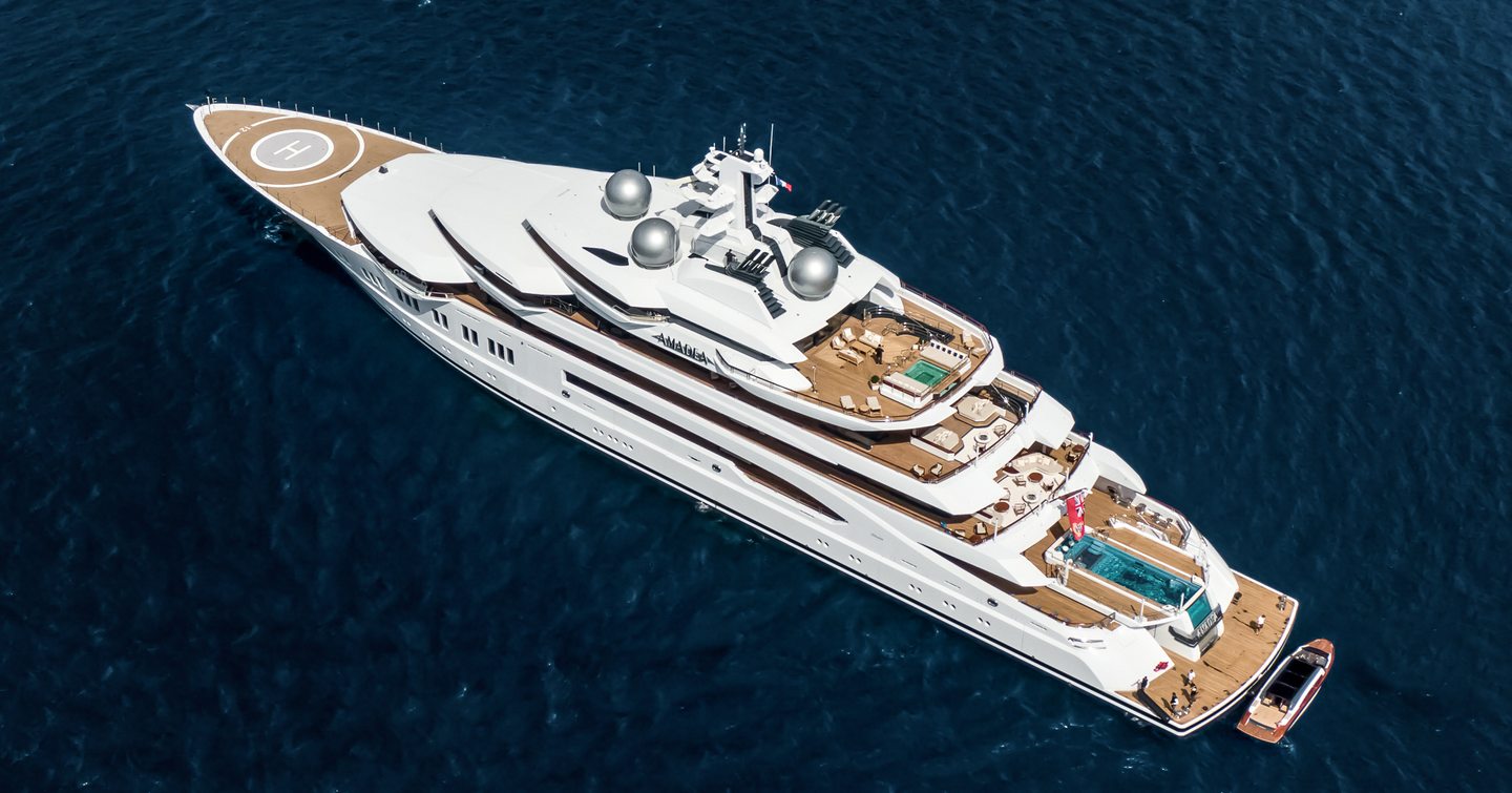 Aerial view of Superyacht Amadea at anchor