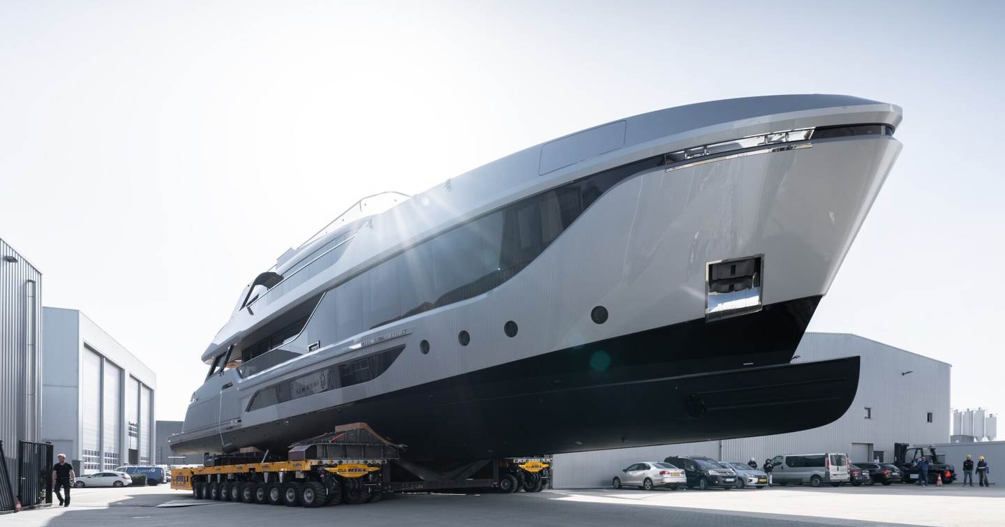 Van der Valk superyacht Shine on trolley on way to launch