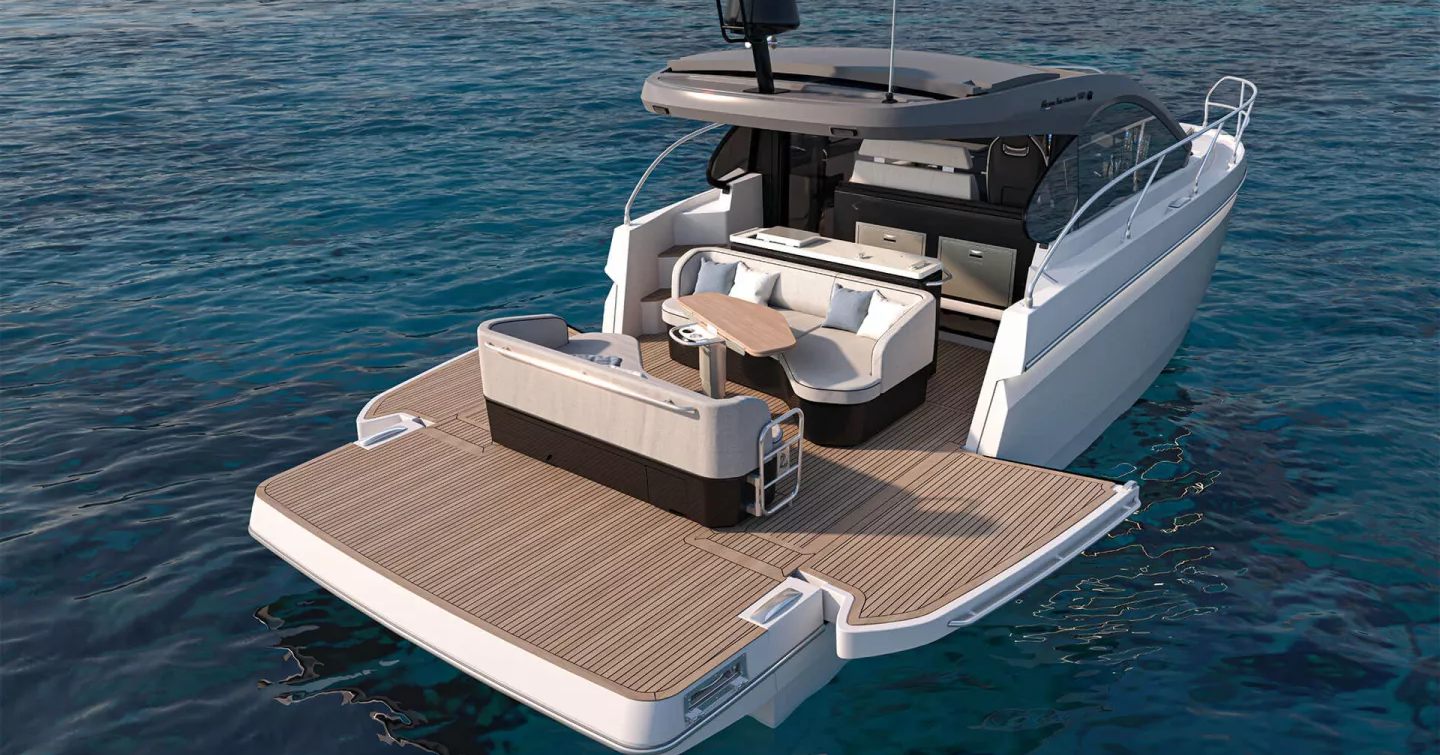 Rendering of new Beneteau Gran Turismo 40 motor yacht at anchor with extended beach club