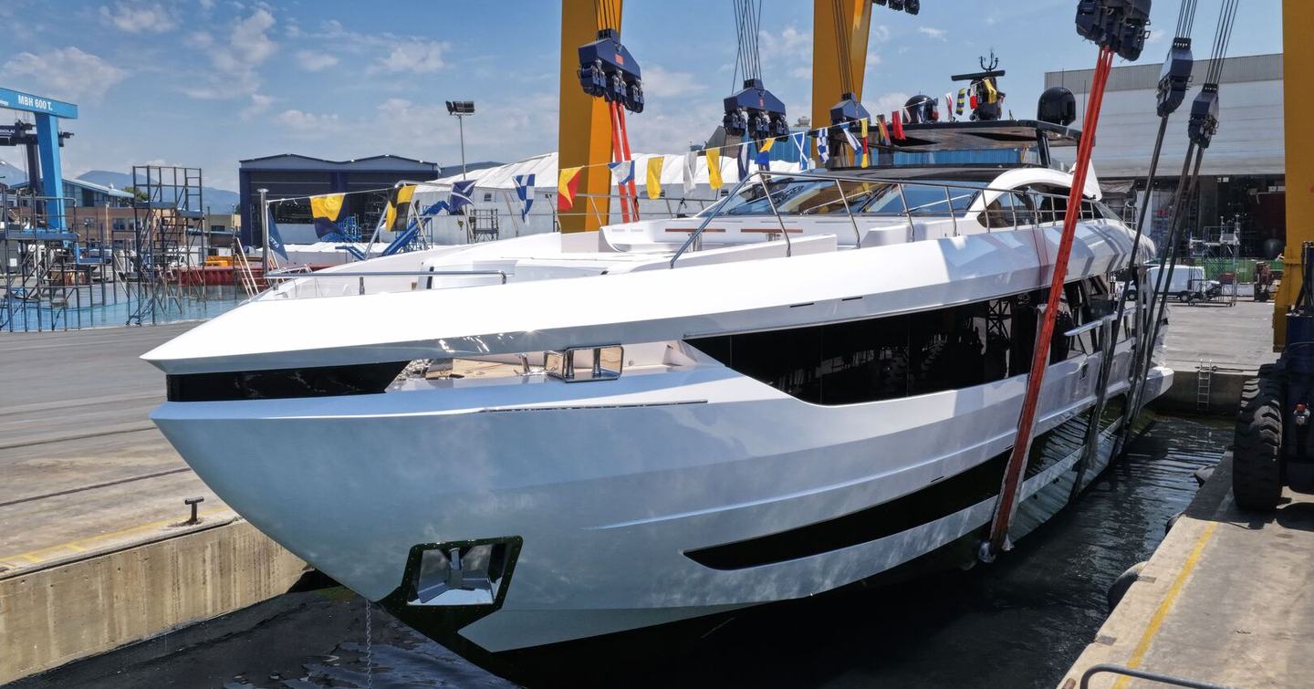 Second Mangusta GranSport 34 Motor Yacht being lowered into water at launch