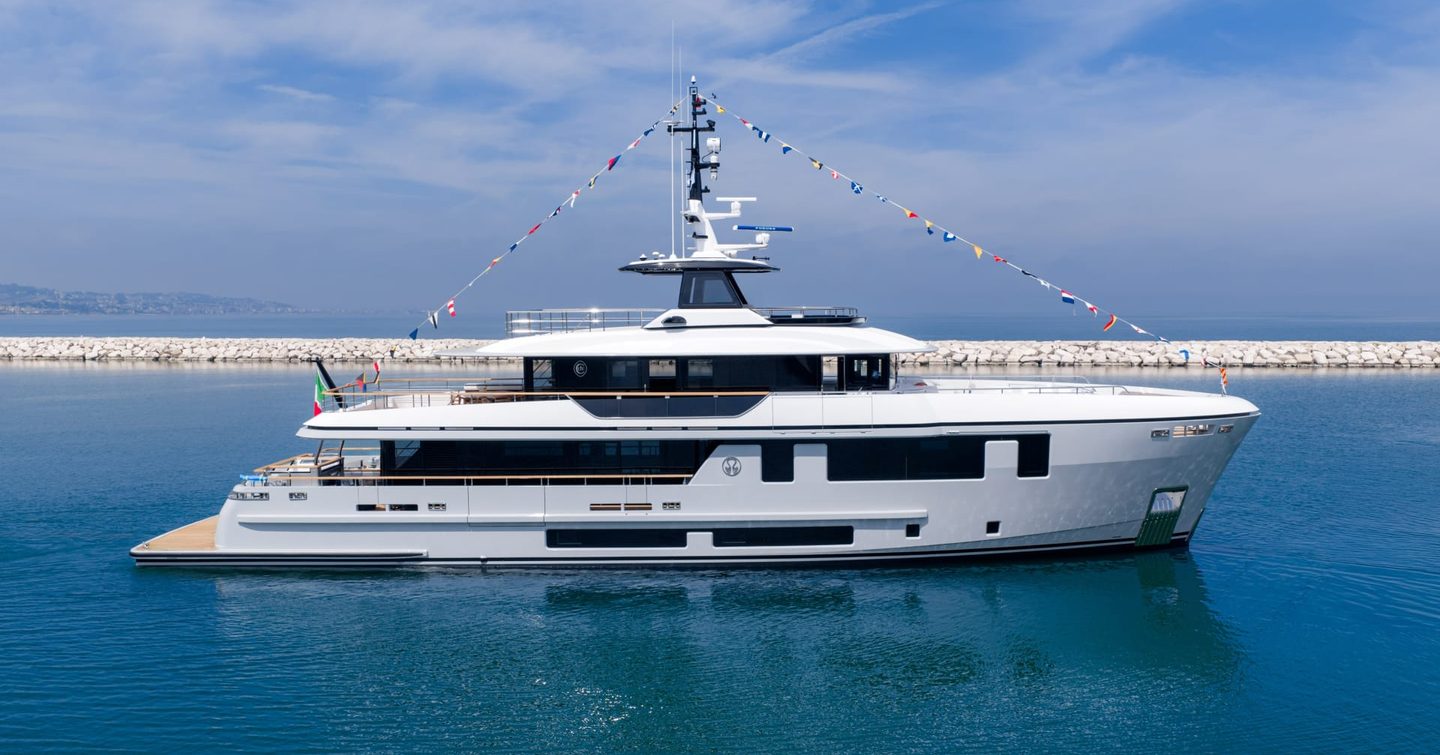 CdM Deep Blue 115 Explorer Yacht Octopus at launch with bunting