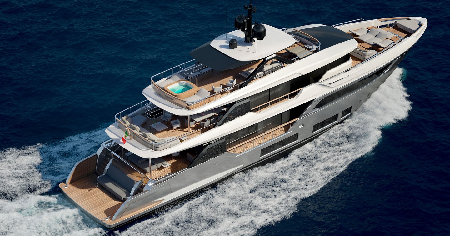  Custom Line Navetta 38 aerial shot starboard aspect underway