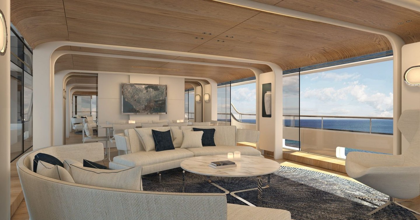 Rendering of interior of Benetti Motopanfilo showing large glass windows and comfortable seating