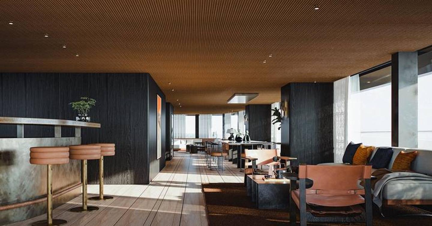 Rendering of Benetti B.Yond 57M superyacht main salon with marbled bar and seating