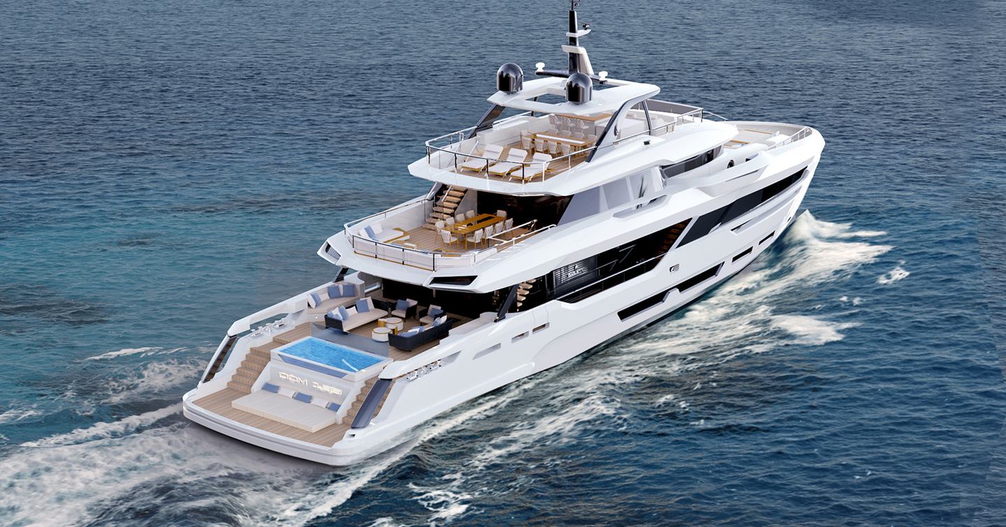 Rendering of Baglietto DOM133 motor yacht under way