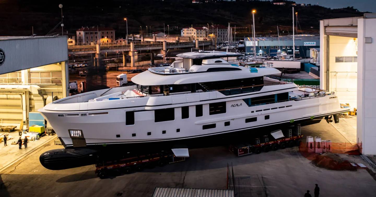 Superyacht Acala on trolley before launch