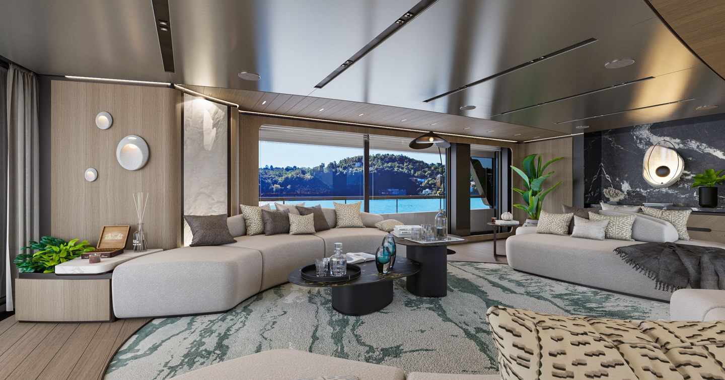 Rendering of Sirena 43m's main saloon with curved sofas