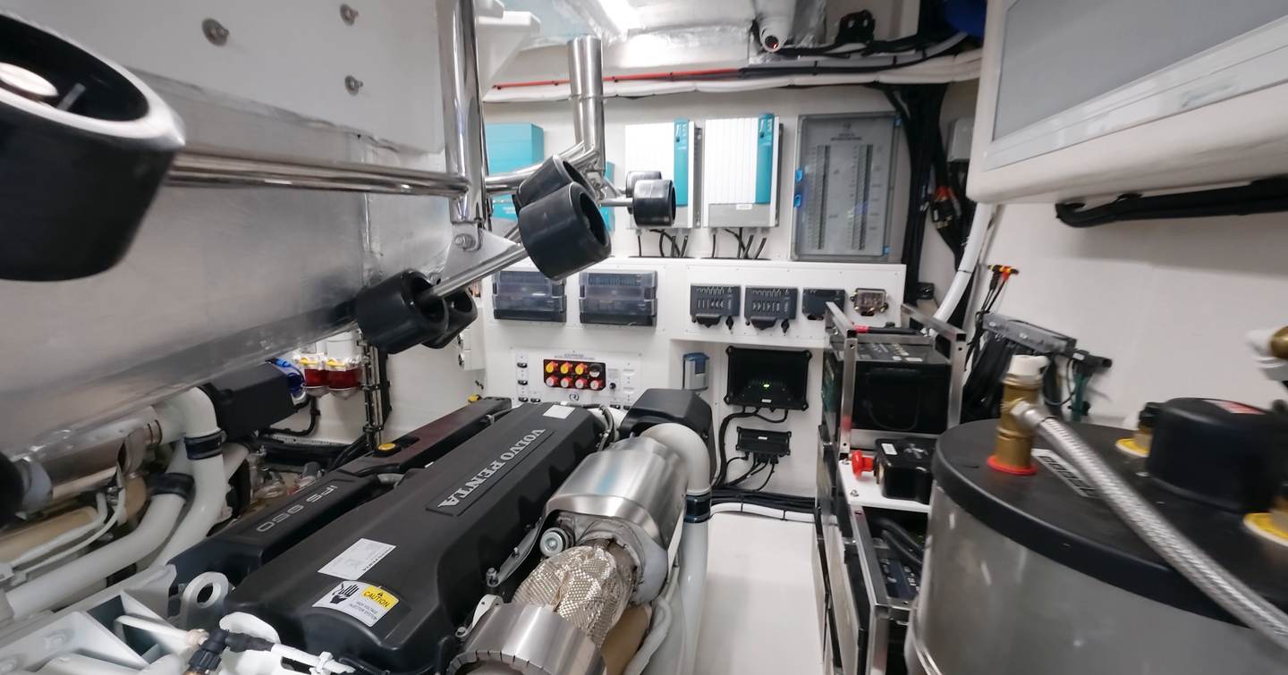 Riviera 5600 Sport Platinum Edition engine room with twin Volvo Penta IPS950 engines
