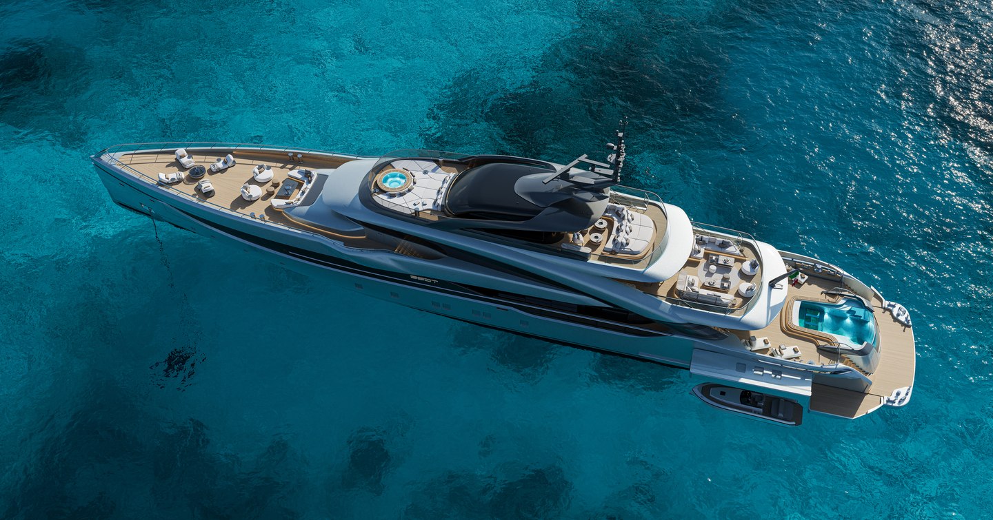Rendering of ISA 66m Granturismo Superyacht at anchor 