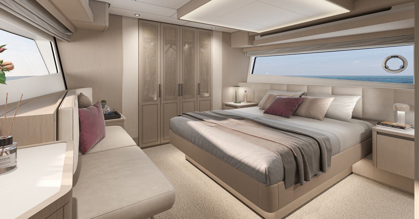 Rendering of Prestige F6.7 motor yacht owner's cabin