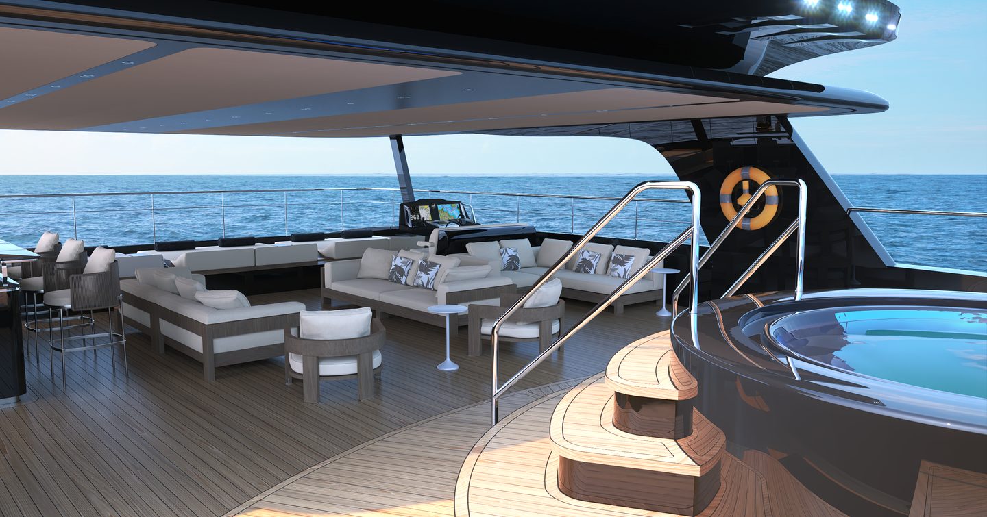 Rendering of VisionF 101 catamaran sundeck with jauczzi and shaded seating