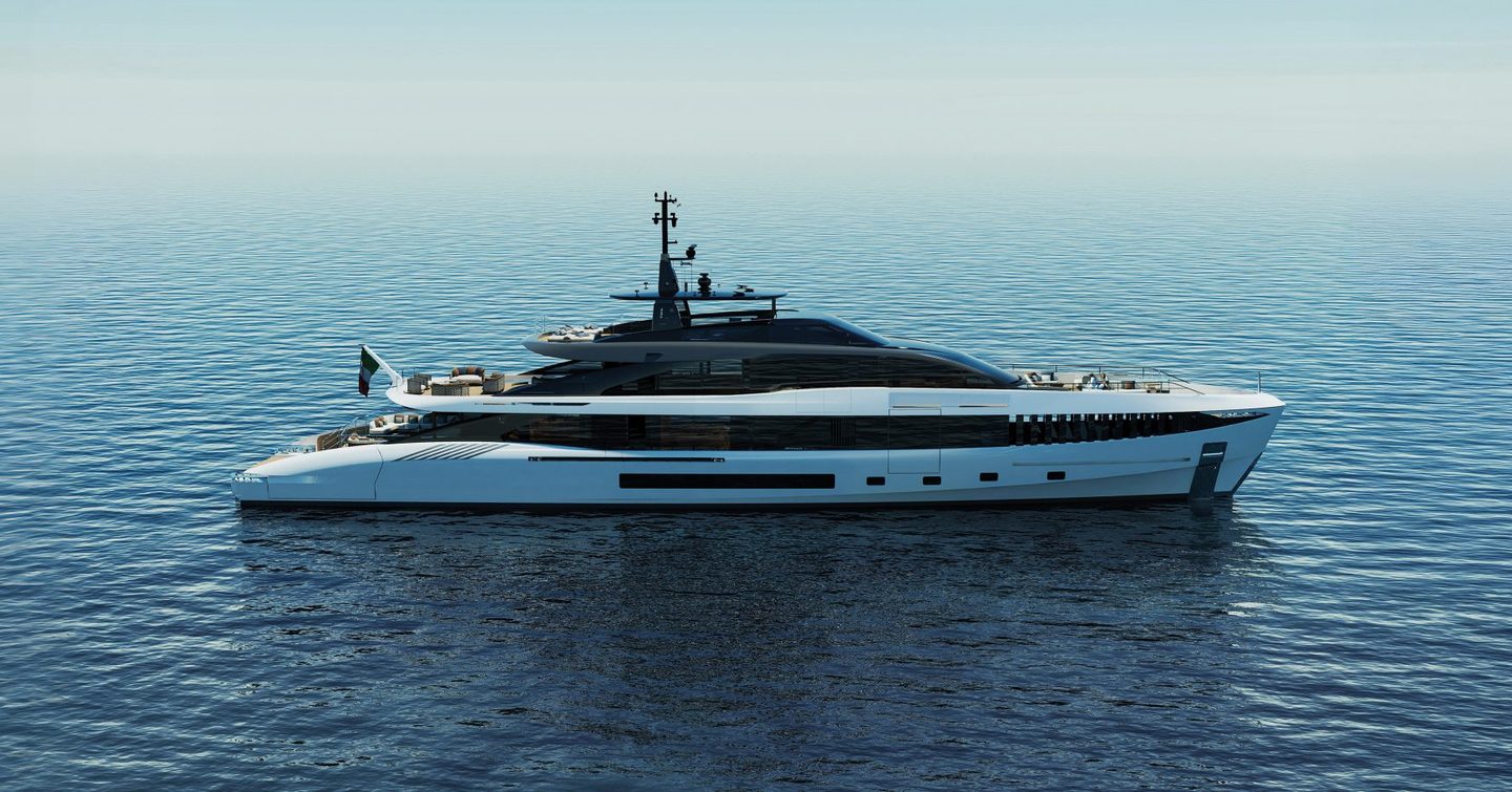 Rendering of Mangusta GranSport 50 motor yacht at anchor 