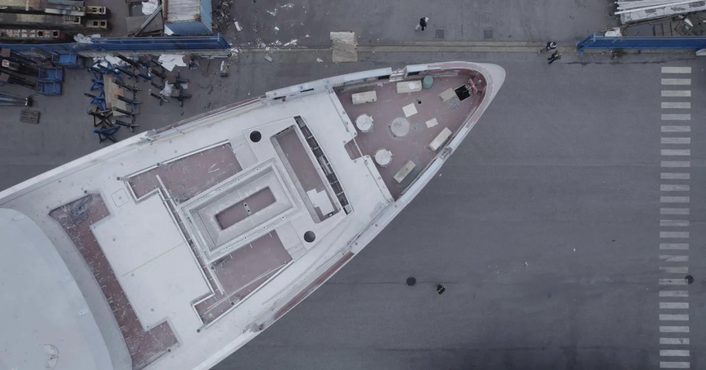 Aerial view of Flagship Amer 74 Steel superyacht pre-outfitting