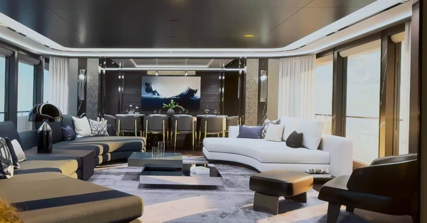 Rendering of new Sunseeker 135 Yacht model's indoor seating and dining area