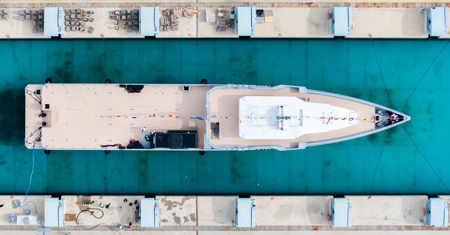 Aerial view of Damen YS 53 support vessel Rafter on way to launch
