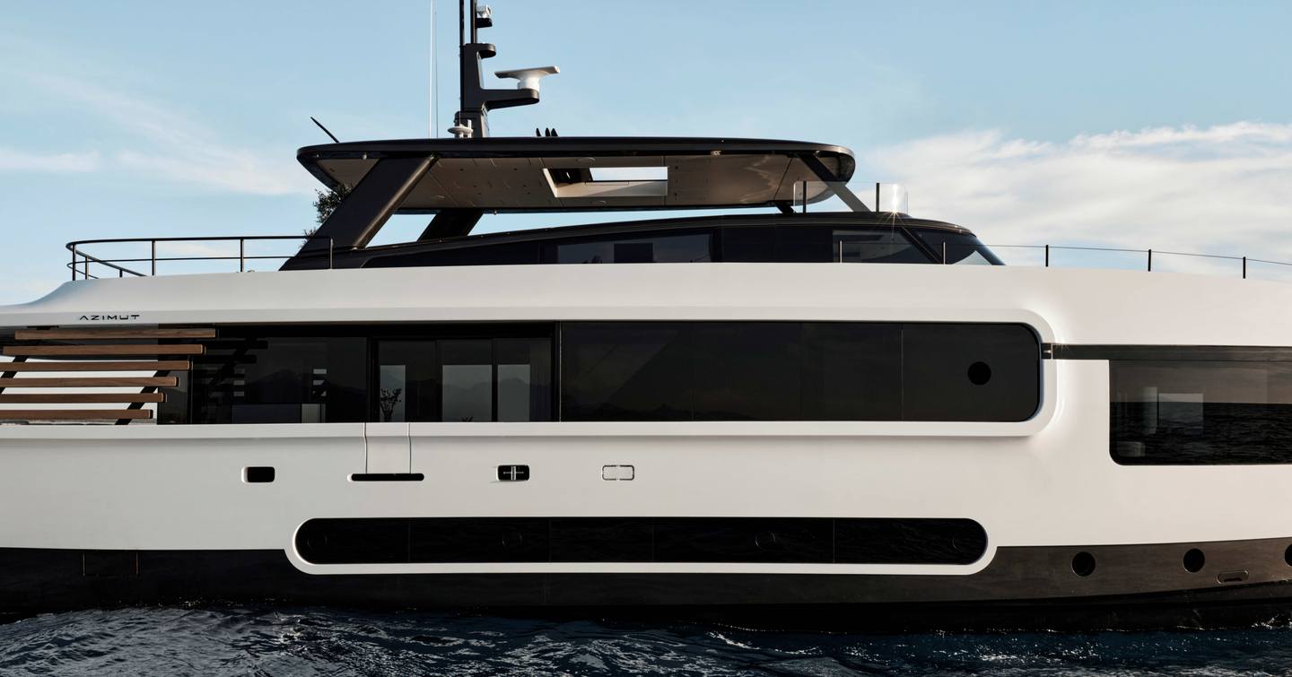 Azimut Magellano 27M yacht at anchor side view close up 