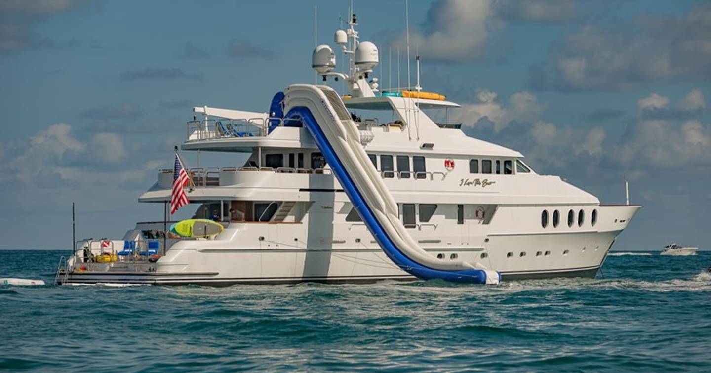 Superyacht I Love This Boat at anchor with inflatable slide