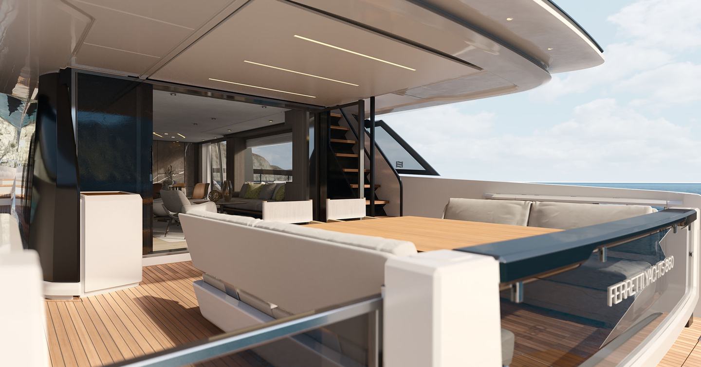 Rendering of cockpit space on Ferretti Yachts 860