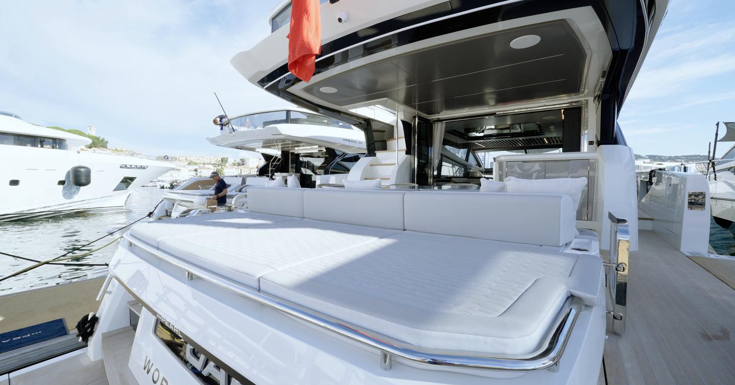 Pearl 73 aft cockpit with convertible seating and sunpad