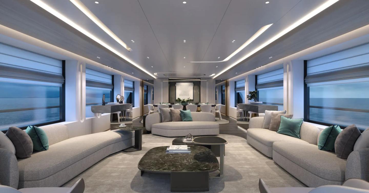 Rendering of Orion Yachts Superyacht Orion One main saloon with white sofas and marbled coffee table 