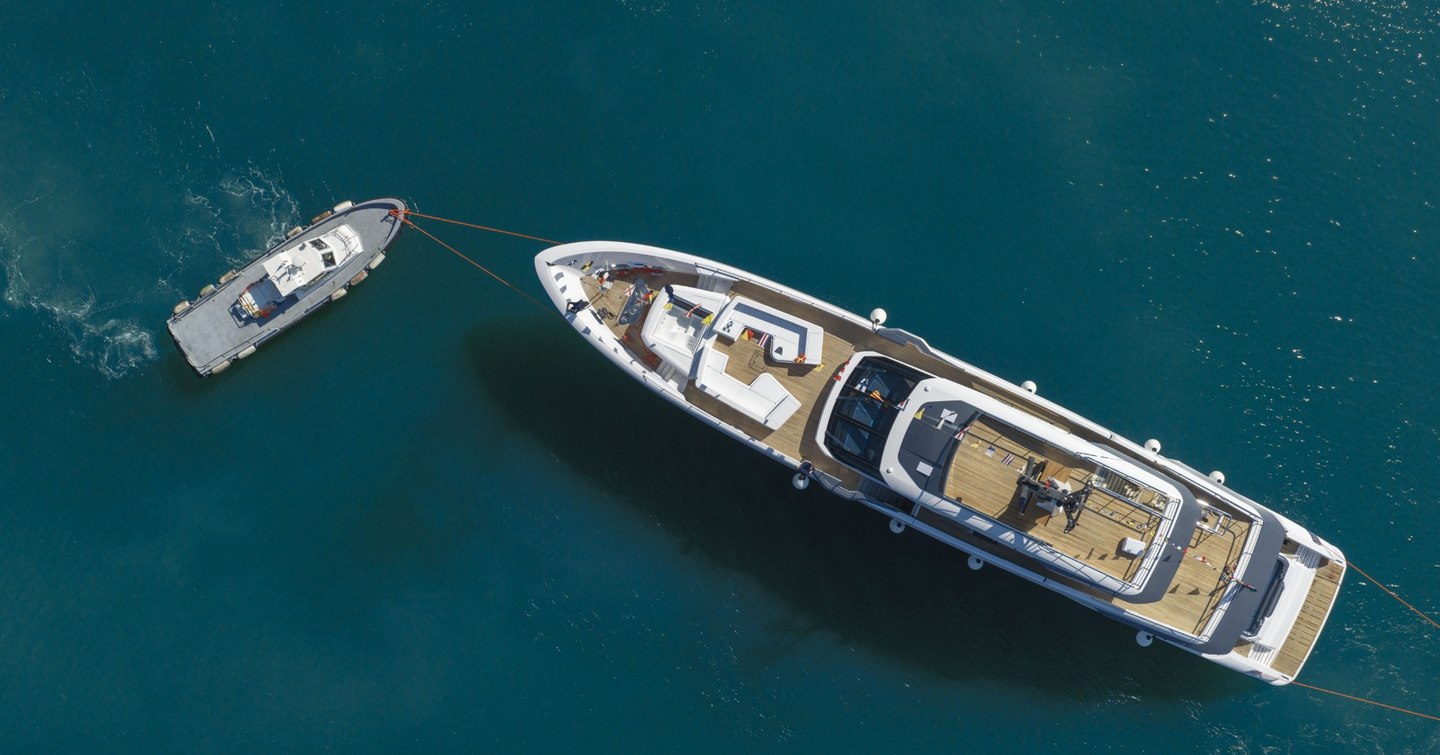 Aerial view of Custom Line Saetta 128 Superyacht at launch