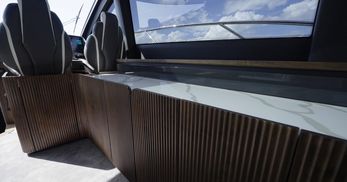 Fairline Targa 58 GTO saloon cabinetry with fluted timber finish