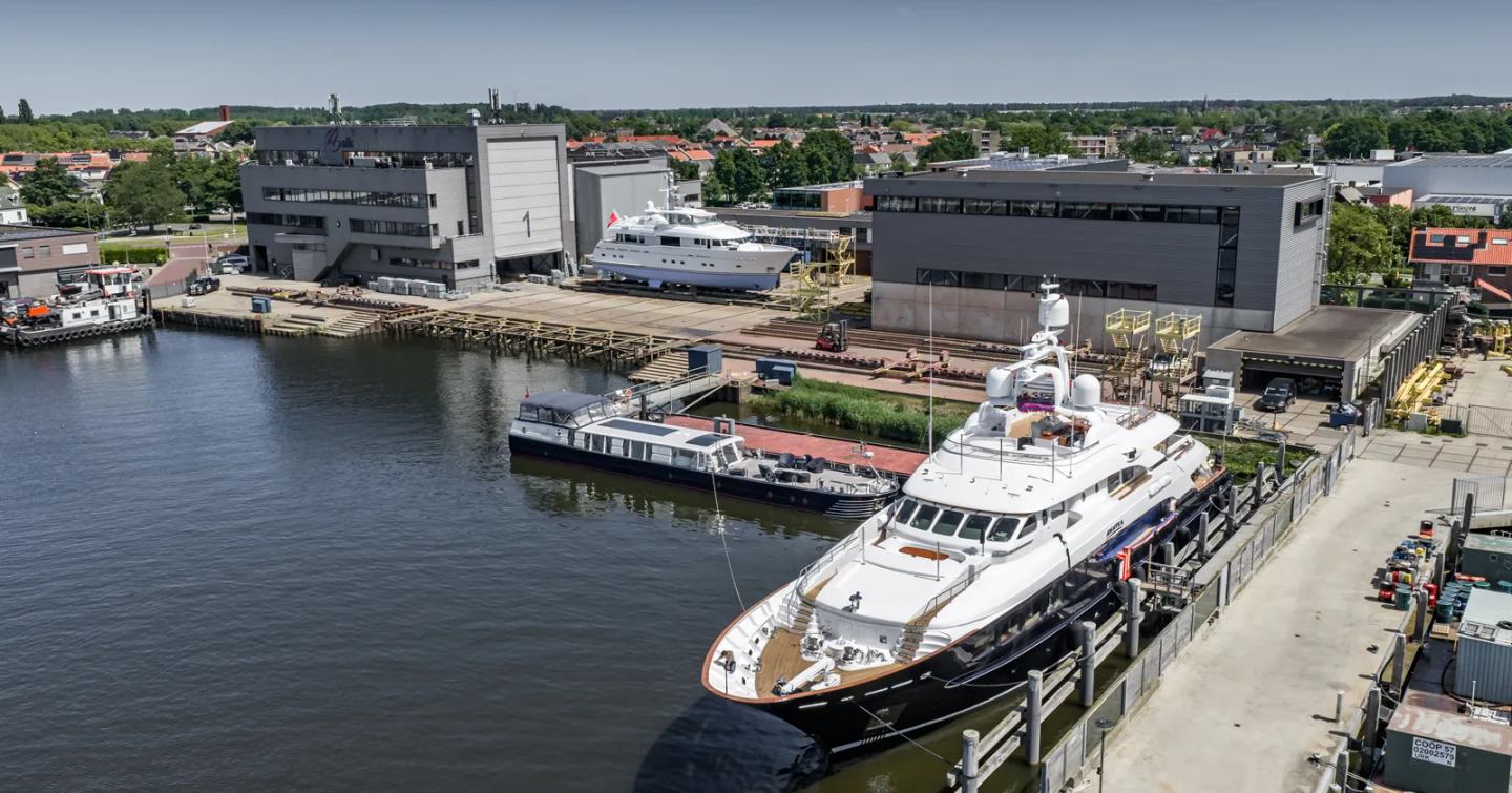 Superyacht Belle de Jour and superyacht Awatea together at Balk refit shipyard 