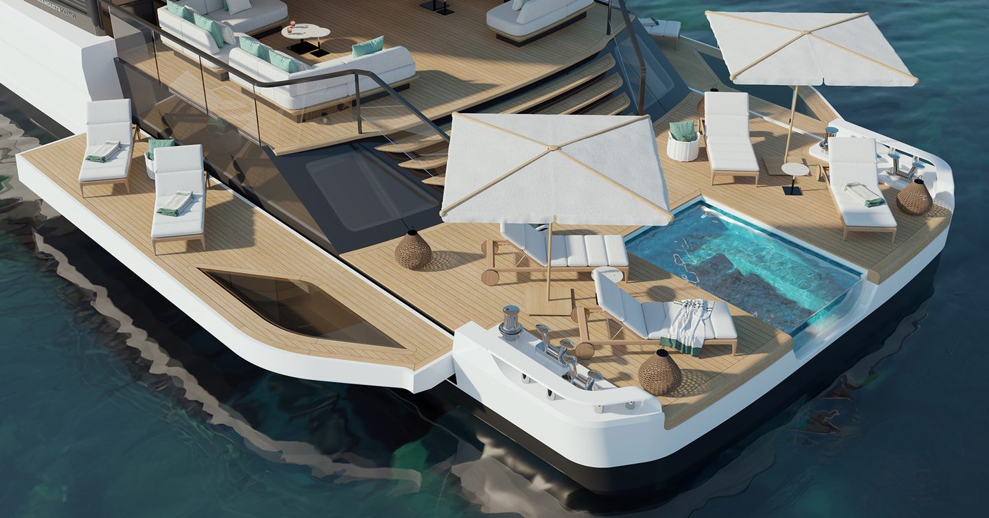 Rendering of Mangusta Oceano 52 superyacht stern with fold down sides and infinity pool