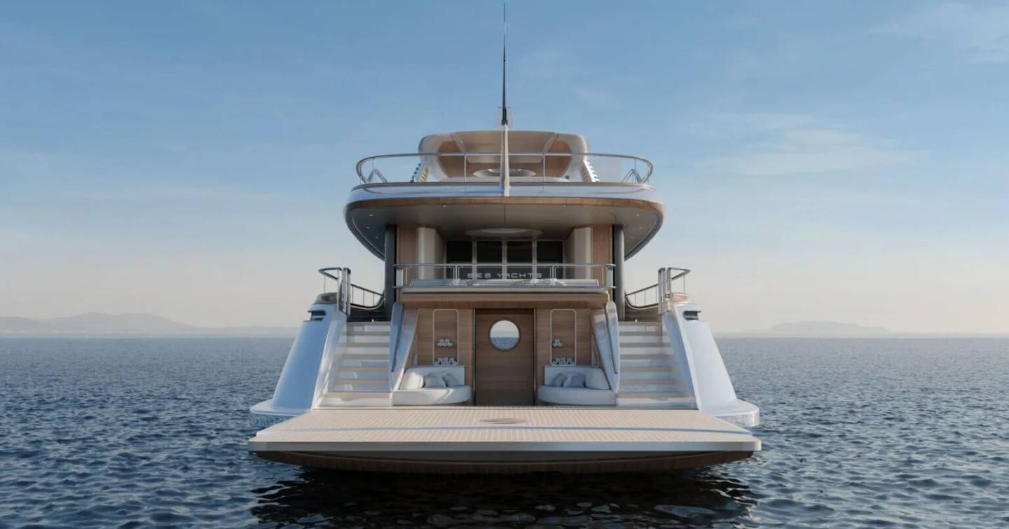 SES Yachts EPOQ Gentleman motor yacht at anchor view of beach club 