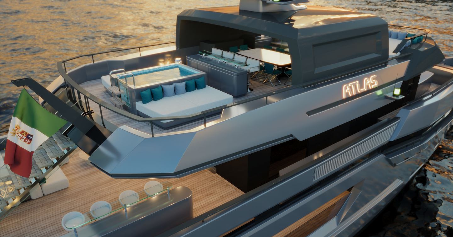 Rendering of explorer yacht Atlas' upper deck with sunpads and shaded dining table