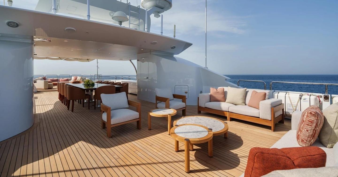 superyacht bombay sundeck with lounge and dining spaces